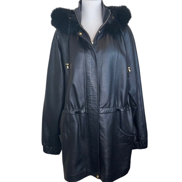Worthington Leather Coat Fur Lined Hood Drawstring Waist - Picture 1 of 17